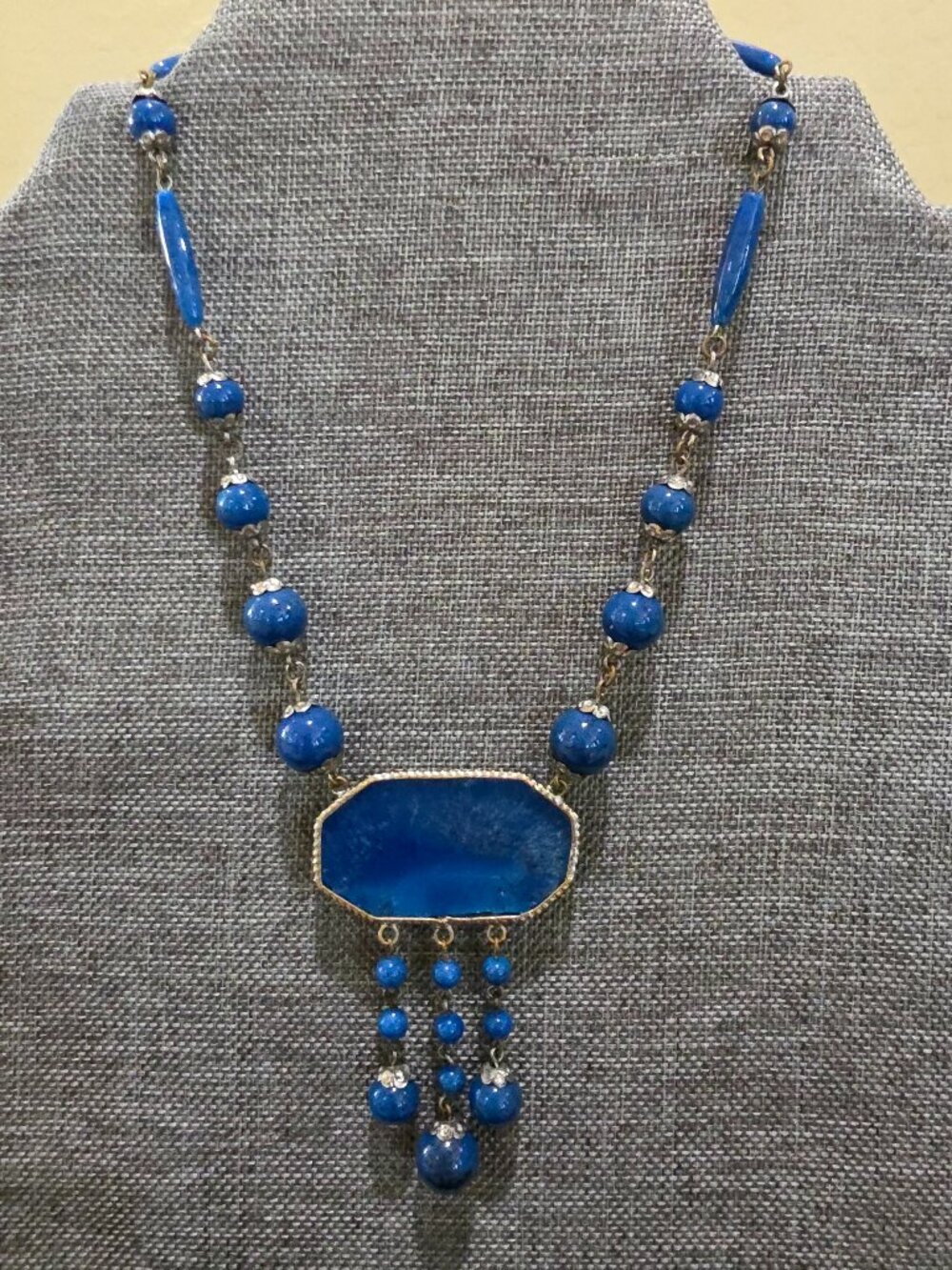 Vintage ART DECO Czech Blue Lapis Exotic Glass Bird Pendant Necklace 14" Bohemia - Picture 10 of 13
